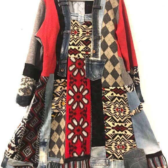 wool tunic/sweater women's size M patchwork midi boho art to wear chunky Retro - Picture 2 of 13